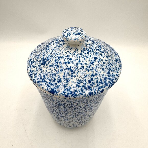 Vintage Art Pottery Blue And White Sponge Ware container with lid country Farmh - Picture 2 of 12